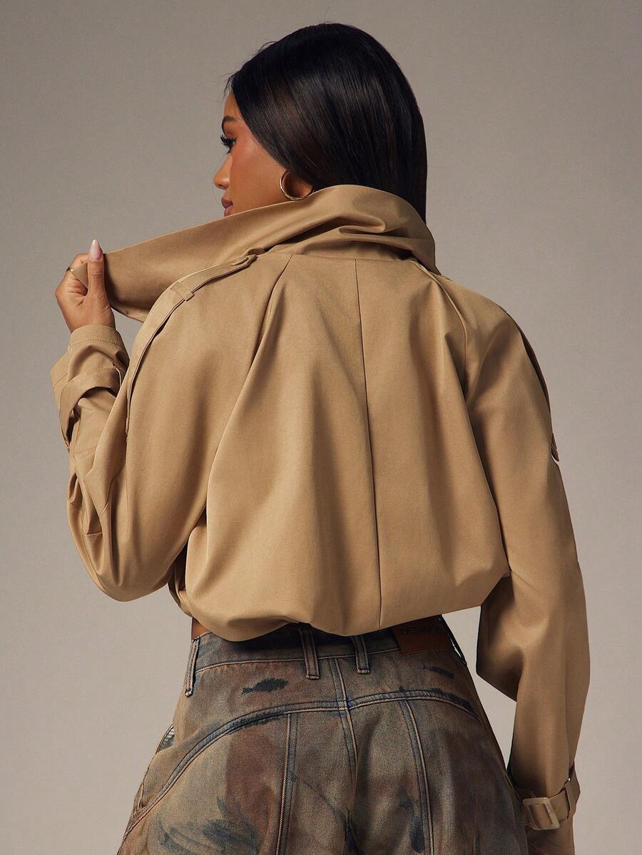 Marguerite High Collar Double-Breasted Cropped Trench Jacket - Khaki