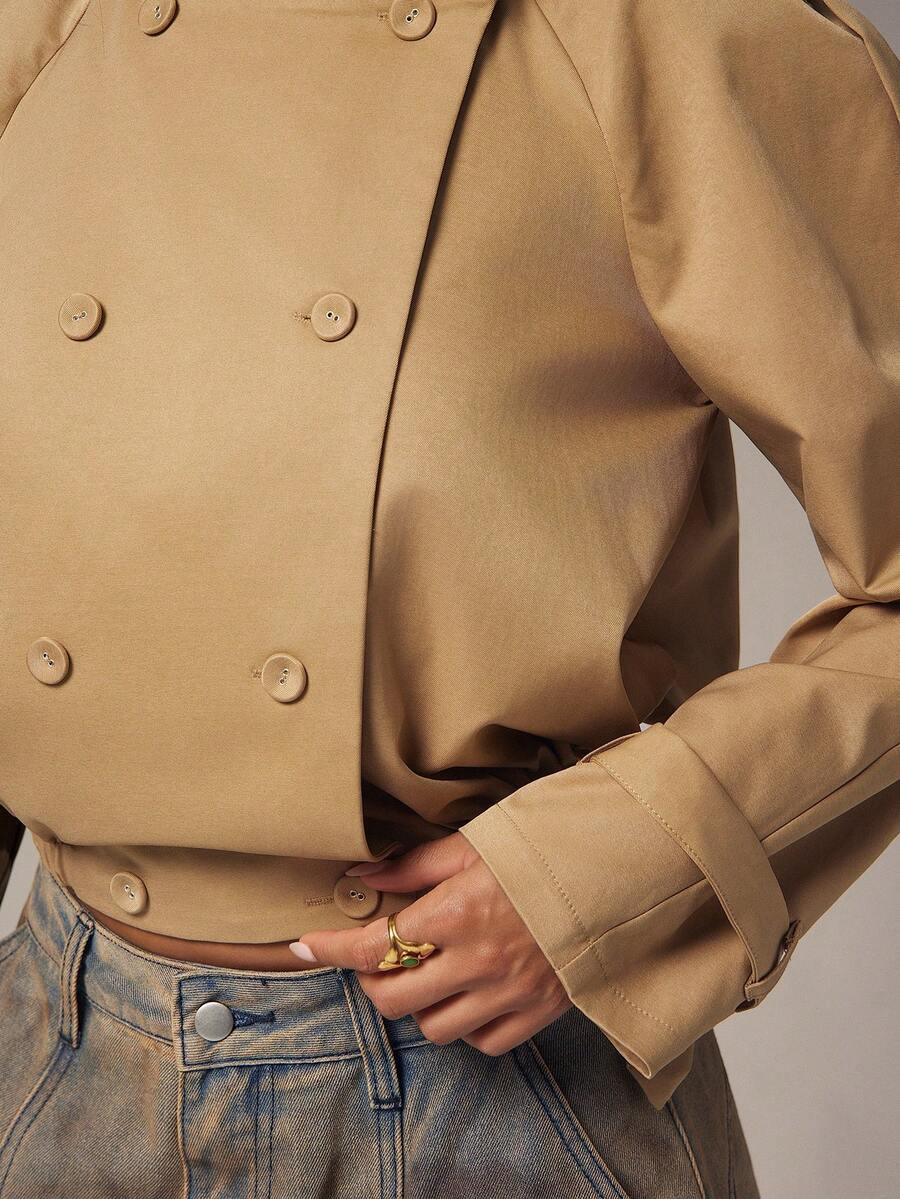 Marguerite High Collar Double-Breasted Cropped Trench Jacket - Khaki