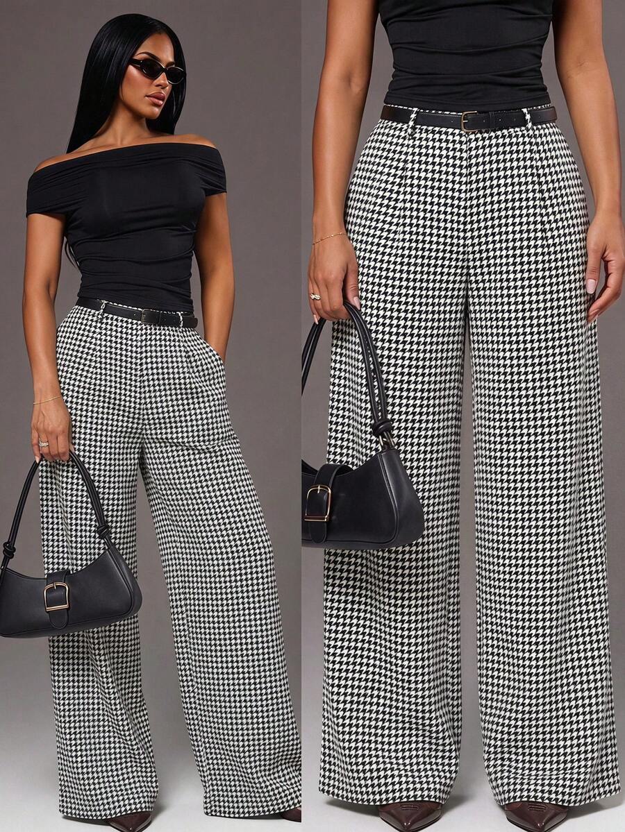 Theodora High Waist Pleated Oversized Wide Leg Suit Trousers - Houndstooth