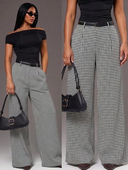 Theodora High Waist Pleated Oversized Wide Leg Suit Trousers - Houndstooth