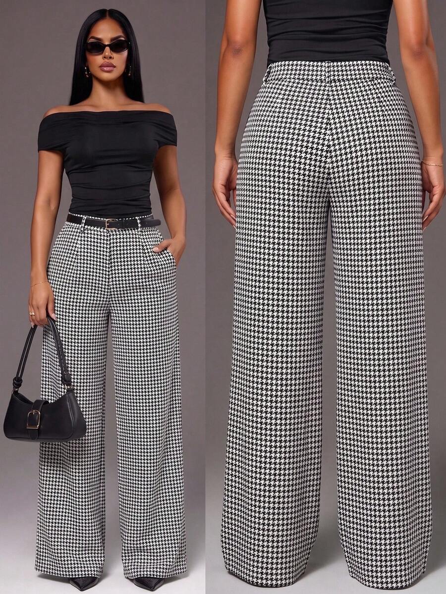 Theodora High Waist Pleated Oversized Wide Leg Suit Trousers - Houndstooth