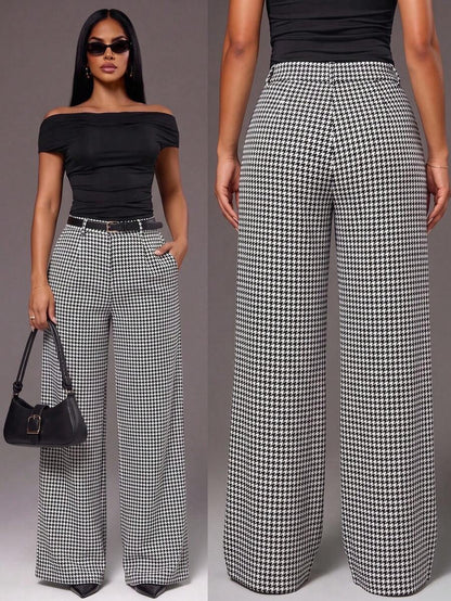 Theodora High Waist Pleated Oversized Wide Leg Suit Trousers - Houndstooth