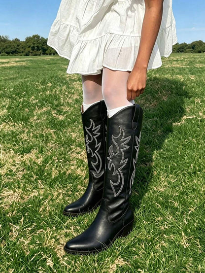 Women's Western Cowboy Boots Embroidered Pointed Toe Pull-On Retro Classic Fall Knee High Cowgirl Boots For Woman Spring Boots For Women Mensa