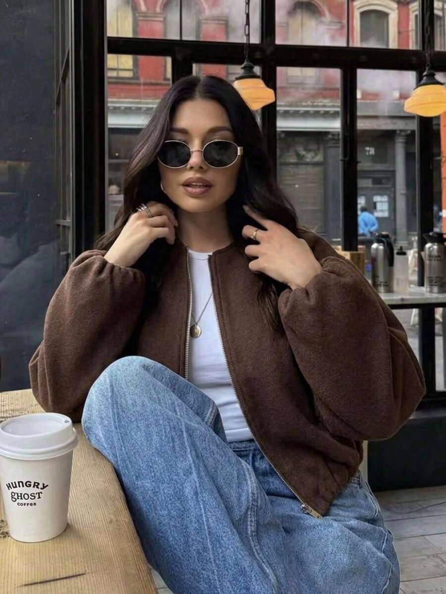 Lillehammer Wool Look Zip Up Cropped Bomber Jacket - Coffee Brown