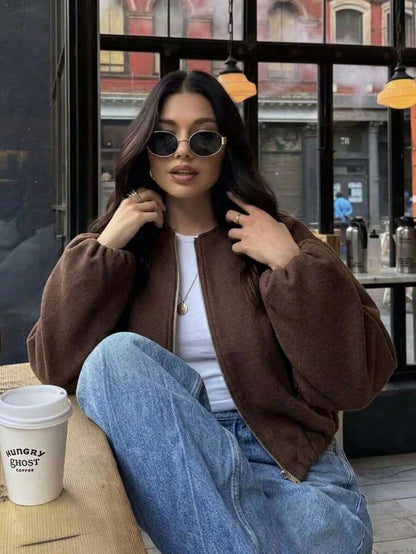 Lillehammer Wool Look Zip Up Cropped Bomber Jacket - Coffee Brown