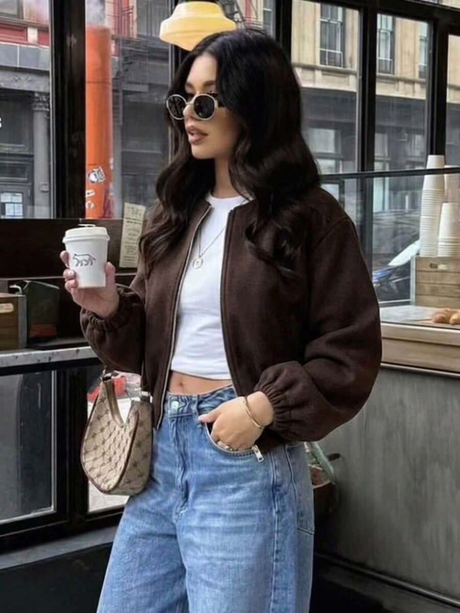 Lillehammer Wool Look Zip Up Cropped Bomber Jacket