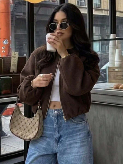 Lillehammer Wool Look Zip Up Cropped Bomber Jacket