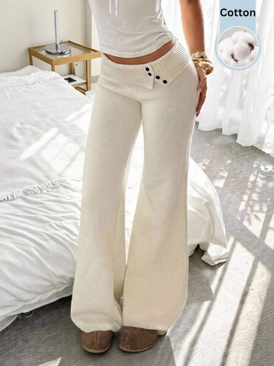 Rosalba Ribbed Knit Fold-Over Waist Flare Pants - Black