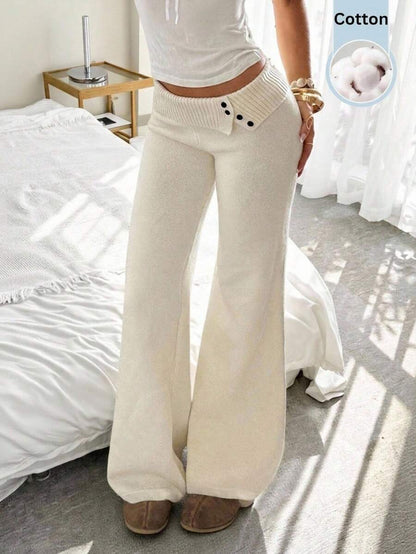 Rosalba Ribbed Knit Fold-Over Waist Flare Pants - Black
