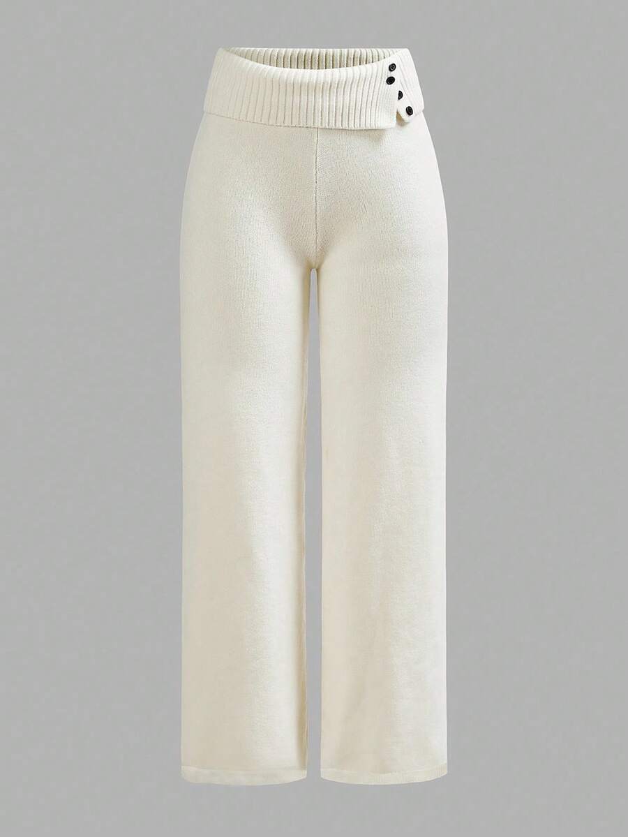 Rosalba Ribbed Knit Fold-Over Waist Flare Pants - Brown