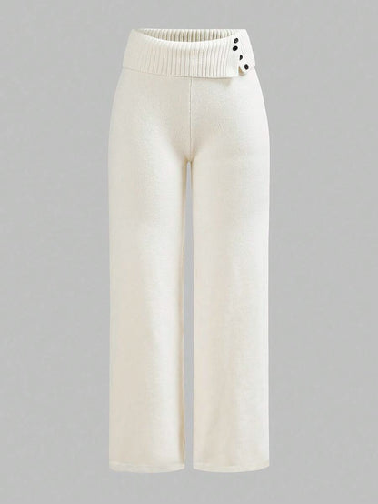 Rosalba Ribbed Knit Fold-Over Waist Flare Pants - Brown