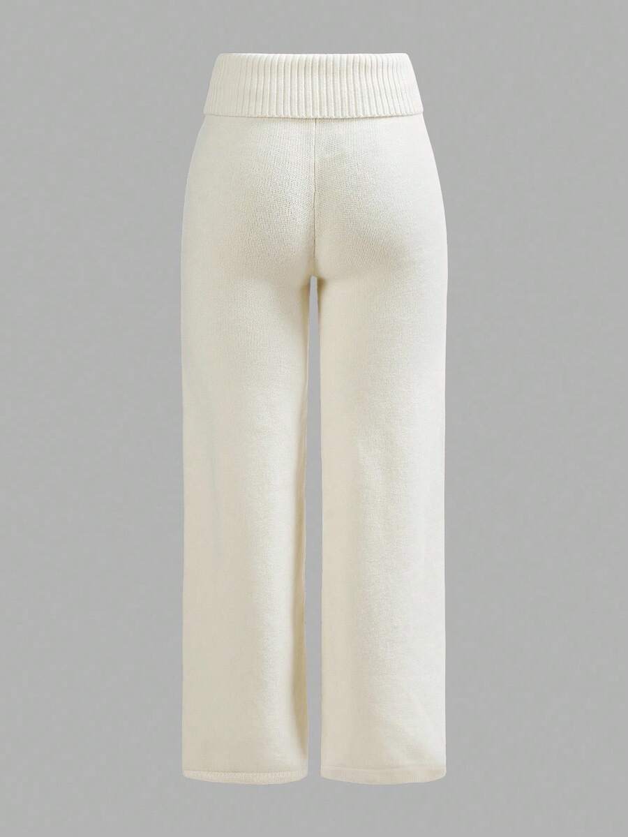 Rosalba Ribbed Knit Fold-Over Waist Flare Pants - Grey