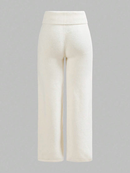 Rosalba Ribbed Knit Fold-Over Waist Flare Pants - Grey