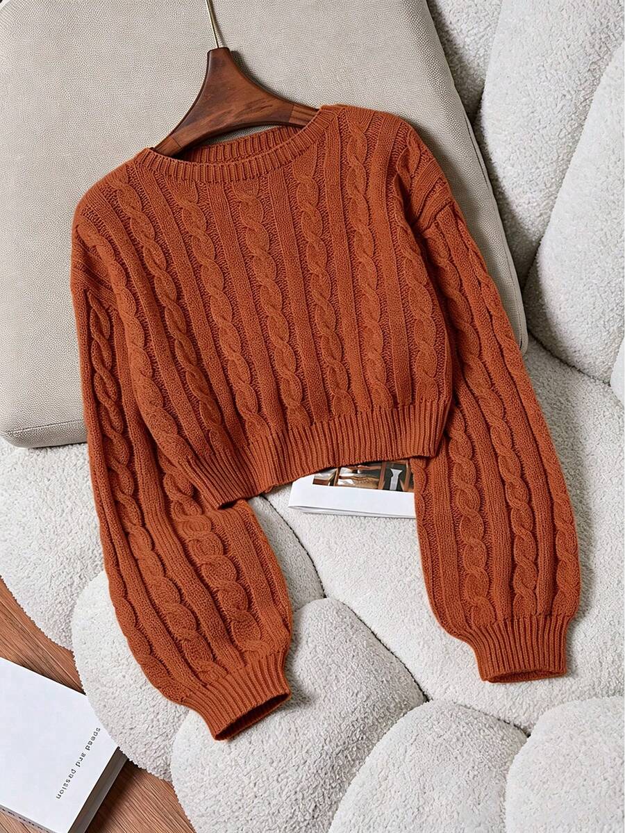 Oriana Cropped Cable Knit Sweater with Crew Neck - Rust