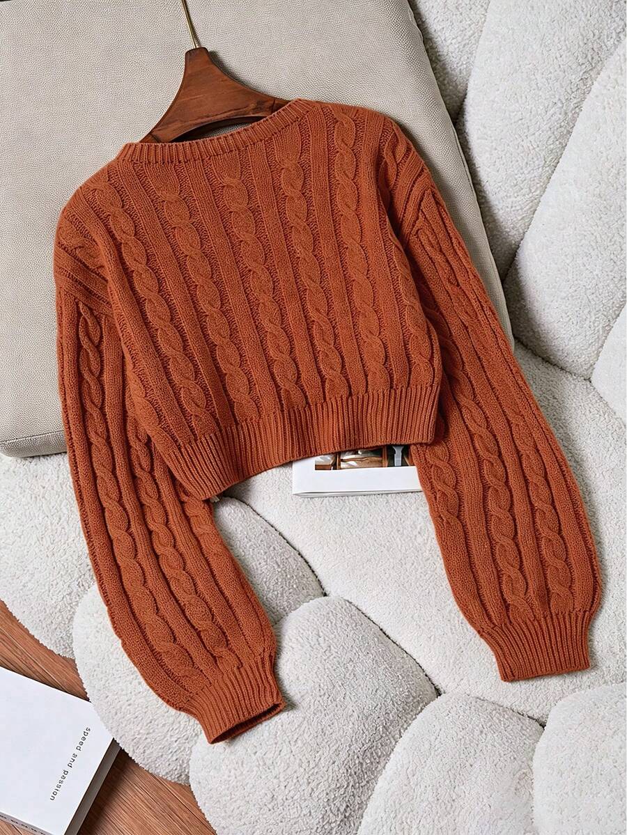 Oriana Cropped Cable Knit Sweater with Crew Neck - Rust