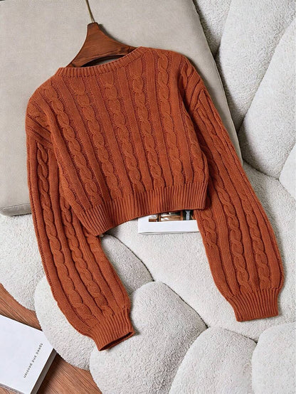Oriana Cropped Cable Knit Sweater with Crew Neck - Rust