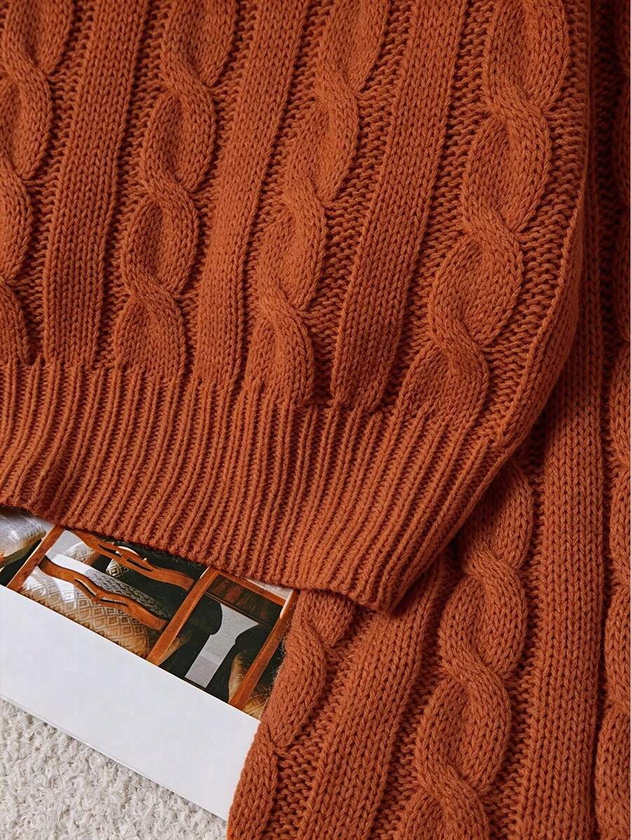 Oriana Cropped Cable Knit Sweater with Crew Neck - Rust