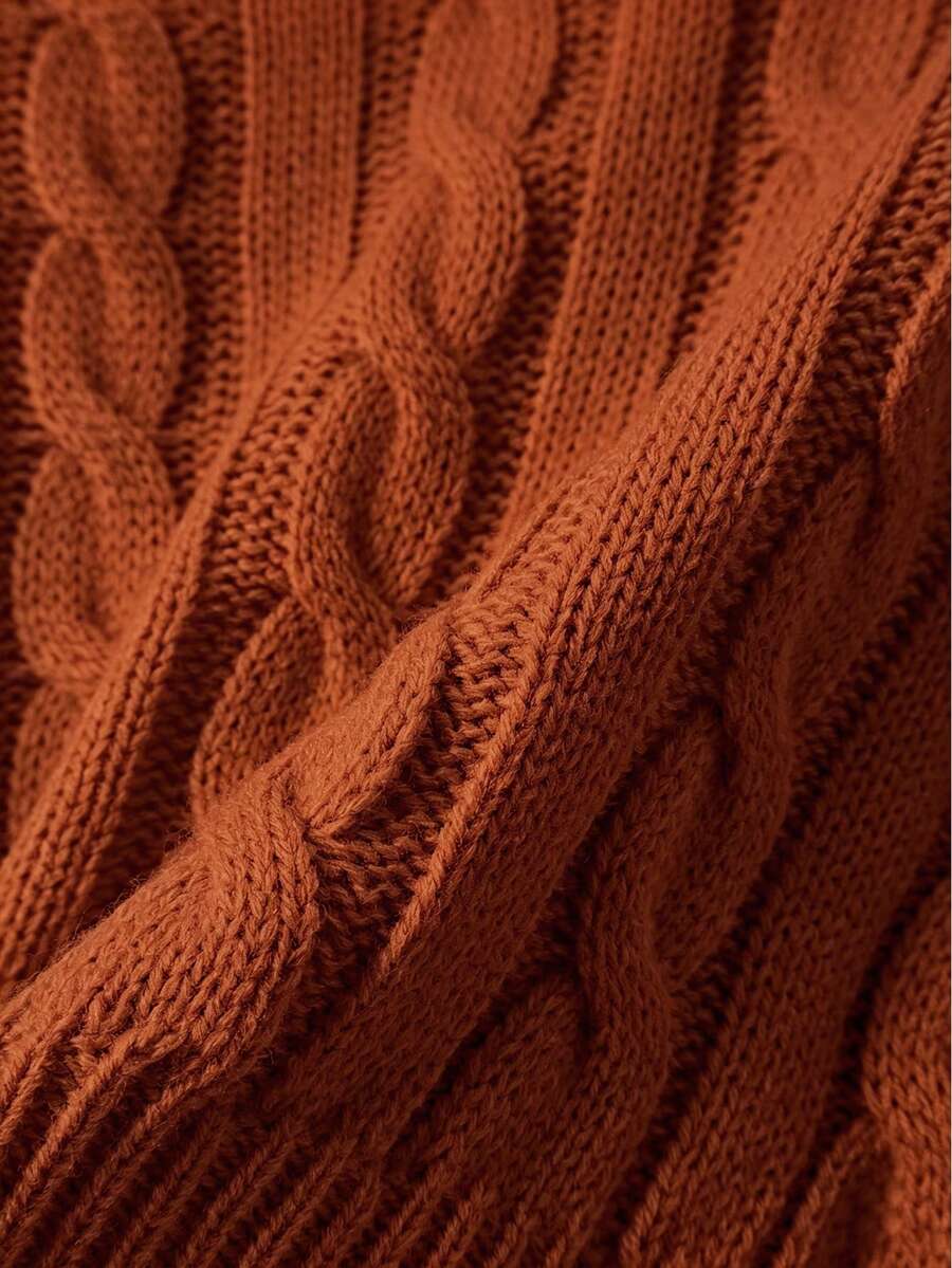 Oriana Cropped Cable Knit Sweater with Crew Neck - Rust