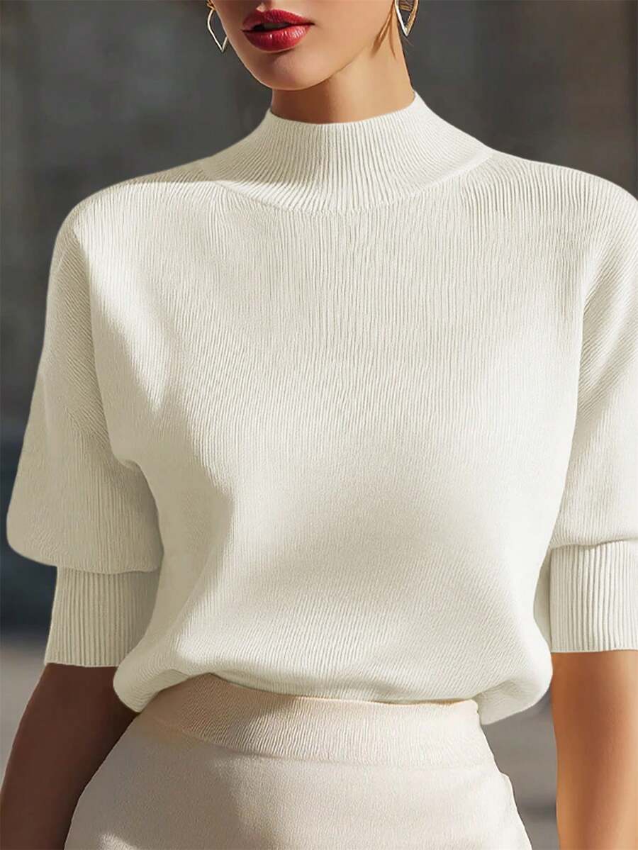 Women's Mock Neck Short Sleeve Knit Top, Fitted Sweater Tee for Work and Layering - White