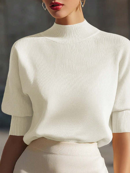 Women's Mock Neck Short Sleeve Knit Top, Fitted Sweater Tee for Work and Layering - White