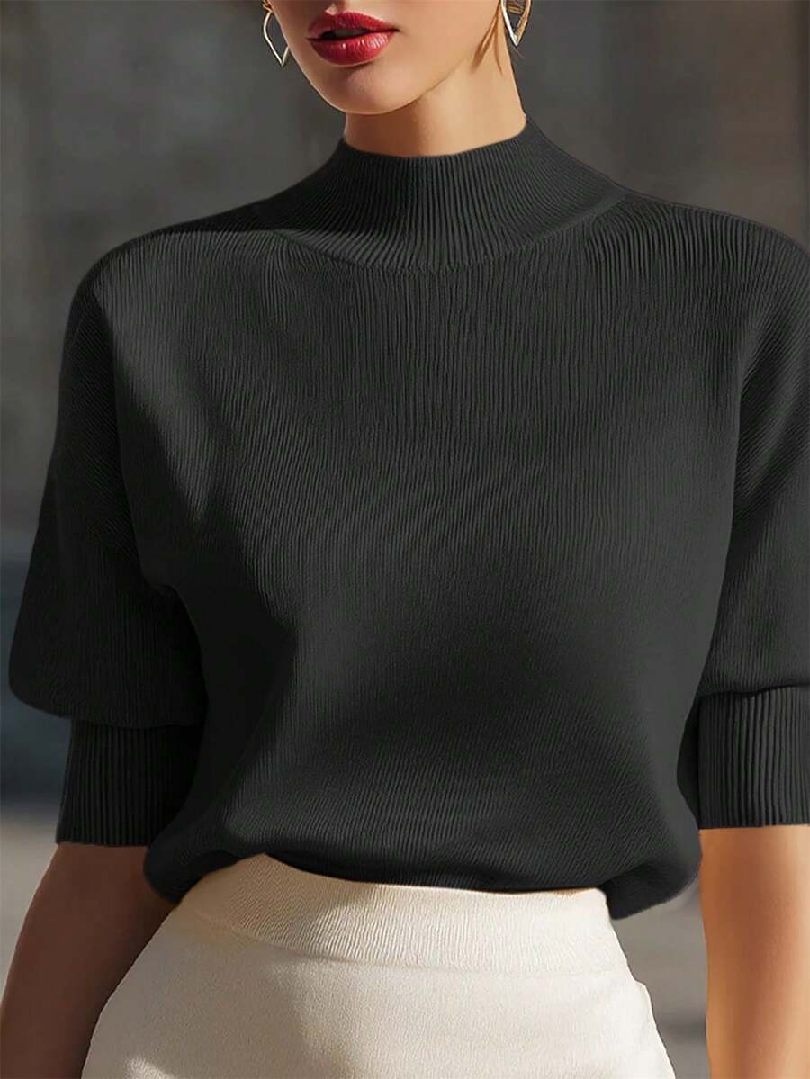Women's Mock Neck Short Sleeve Knit Top, Fitted Sweater Tee for Work and Layering - White