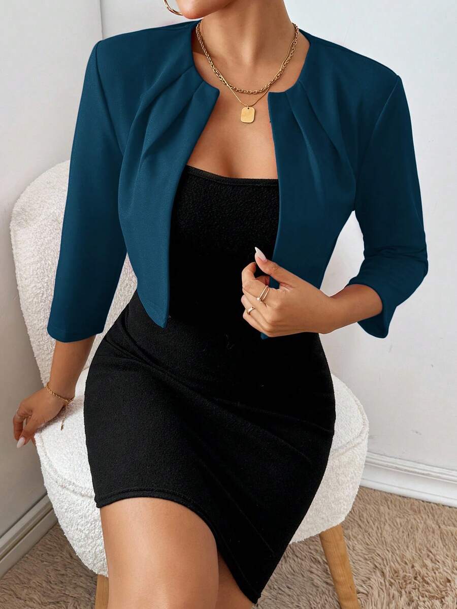 Philomena Pleated Neckline Open Front Cropped Knit Blazer - Petrol Blue