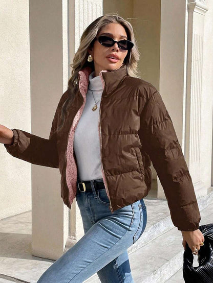 Revelstoke Reversible Cropped Puffer Jacket with Stand Collar - Coffee Brown