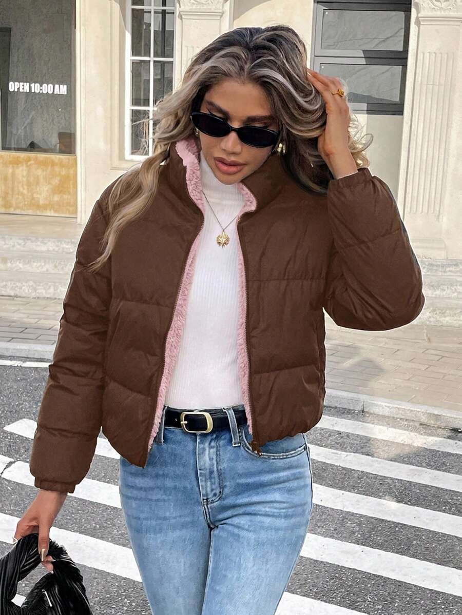 Revelstoke Reversible Cropped Puffer Jacket with Stand Collar