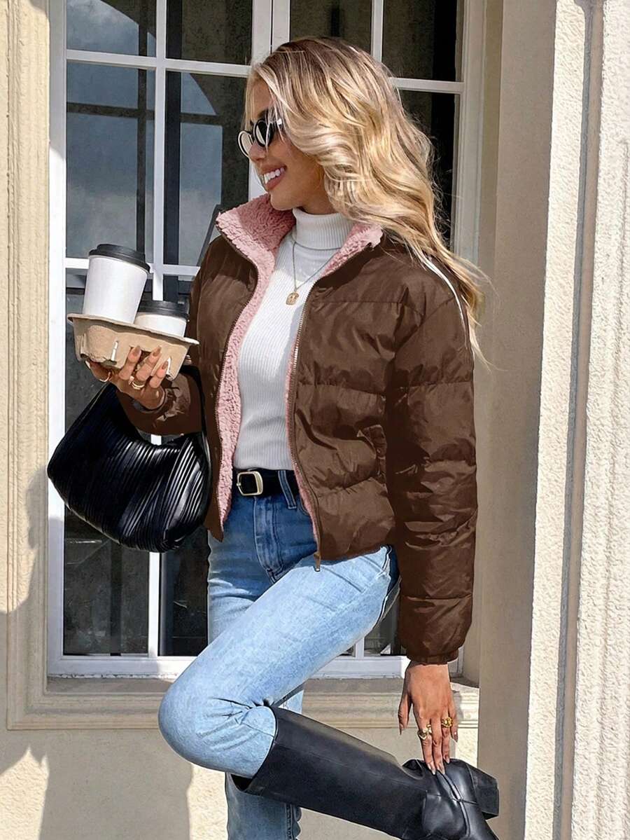 Revelstoke Reversible Cropped Puffer Jacket with Stand Collar