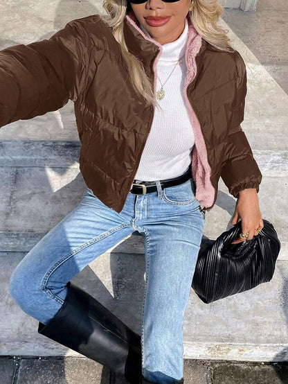 Revelstoke Reversible Cropped Puffer Jacket with Stand Collar