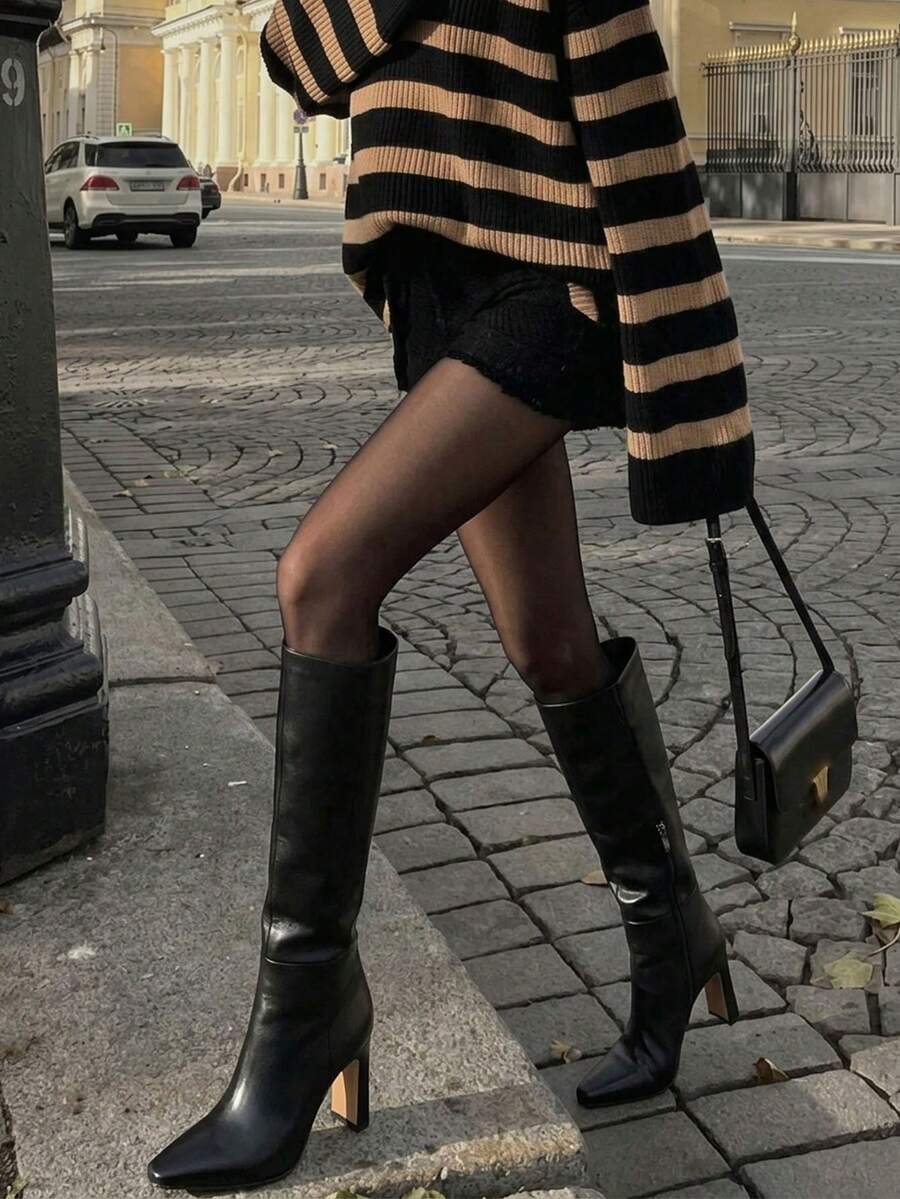 Women's Solid Knee High Boots Fashion Square Toe Block Chunky High Heels Side Zipper Party Dress Sexy Fall Boots Woman Mensa