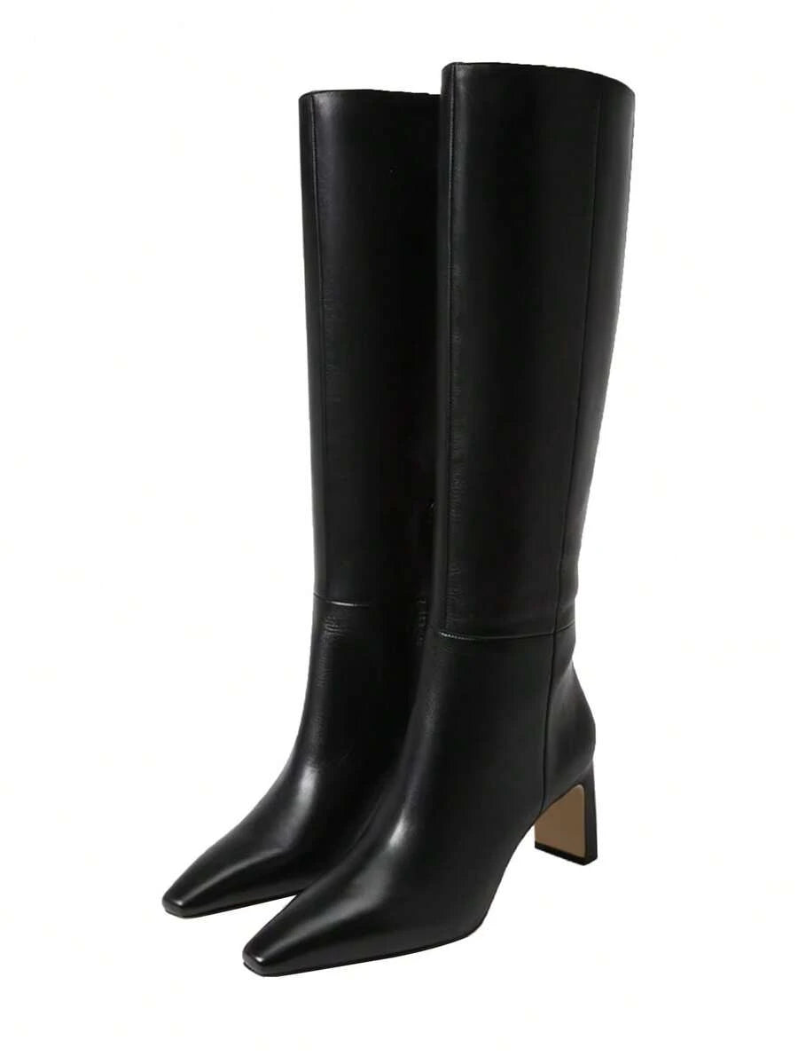 Women's Solid Knee High Boots Fashion Square Toe Block Chunky High Heels Side Zipper Party Dress Sexy Fall Boots Woman Mensa