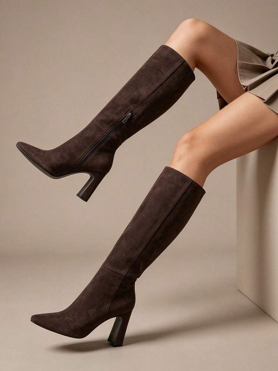 Women's Solid Knee High Boots Fashion Square Toe Block Chunky High Heels Side Zipper Party Dress Sexy Fall Boots Woman Mensa