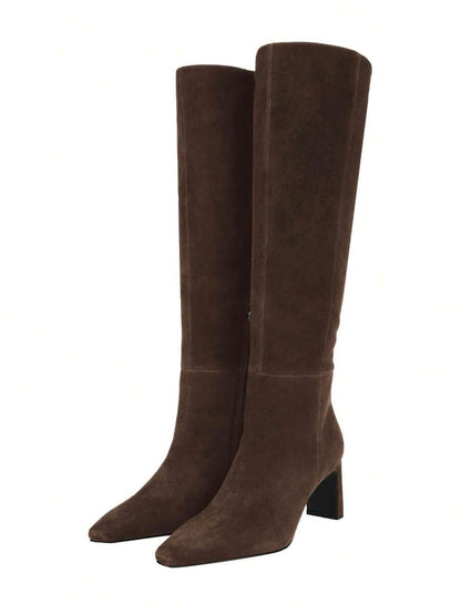 Women's Solid Knee High Boots Fashion Square Toe Block Chunky High Heels Side Zipper Party Dress Sexy Fall Boots Woman Mensa