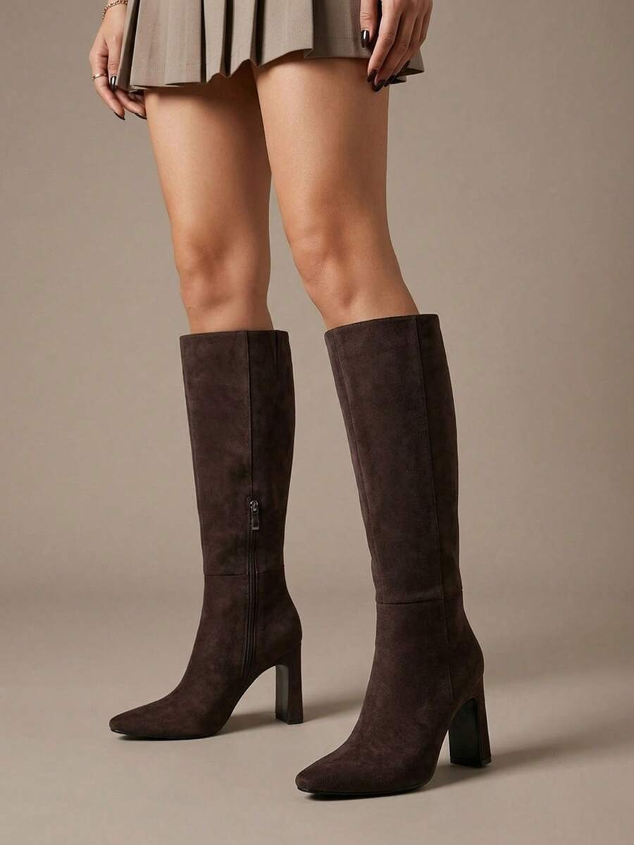 Women's Solid Knee High Boots Fashion Square Toe Block Chunky High Heels Side Zipper Party Dress Sexy Fall Boots Woman Mensa