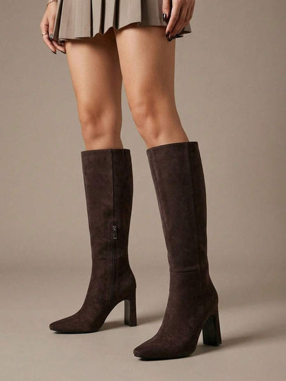 Women's Solid Knee High Boots Fashion Square Toe Block Chunky High Heels Side Zipper Party Dress Sexy Fall Boots Woman Mensa