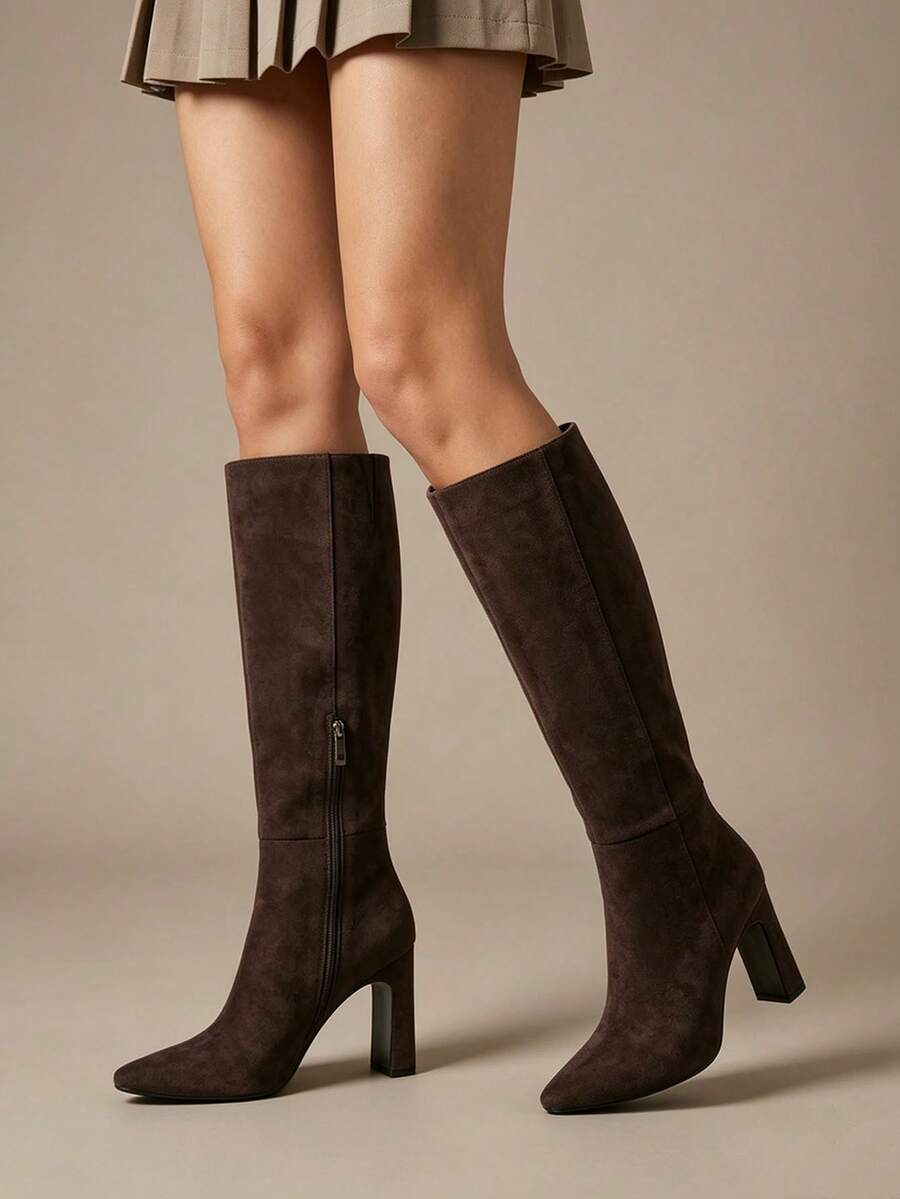 Women's Solid Knee High Boots Fashion Square Toe Block Chunky High Heels Side Zipper Party Dress Sexy Fall Boots Woman Mensa