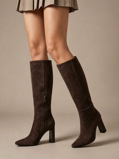 Women's Solid Knee High Boots Fashion Square Toe Block Chunky High Heels Side Zipper Party Dress Sexy Fall Boots Woman Mensa