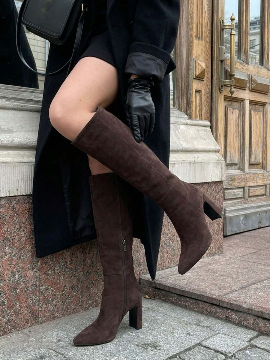 Women's Solid Knee High Boots Fashion Square Toe Block Chunky High Heels Side Zipper Party Dress Sexy Fall Boots Woman Mensa