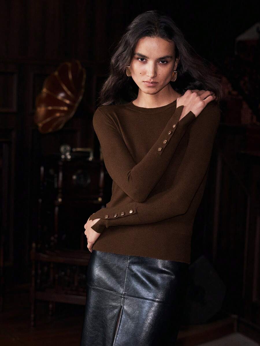 Women's Fine Knit Sweater with Button Cuffs, Lightweight Pullover for Fall Work Casual - Beige