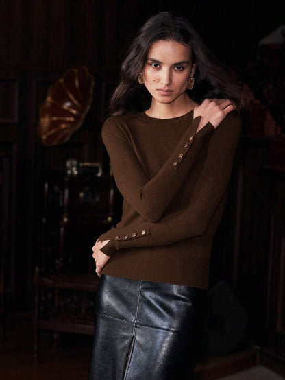 Women's Fine Knit Sweater with Button Cuffs, Lightweight Pullover for Fall Work Casual - Beige