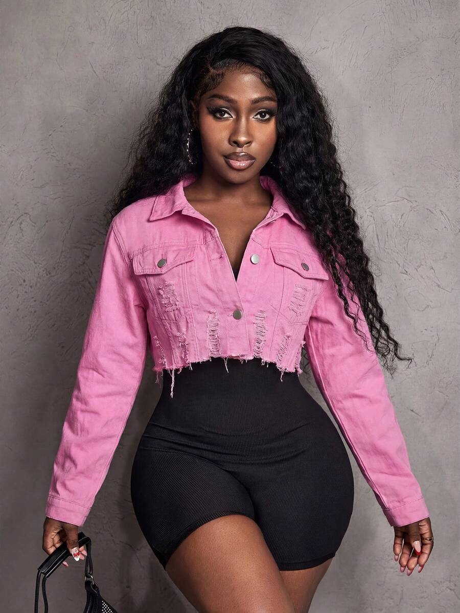 Hazel Distressed Crop Button Denim Jacket - Watermelon Pink