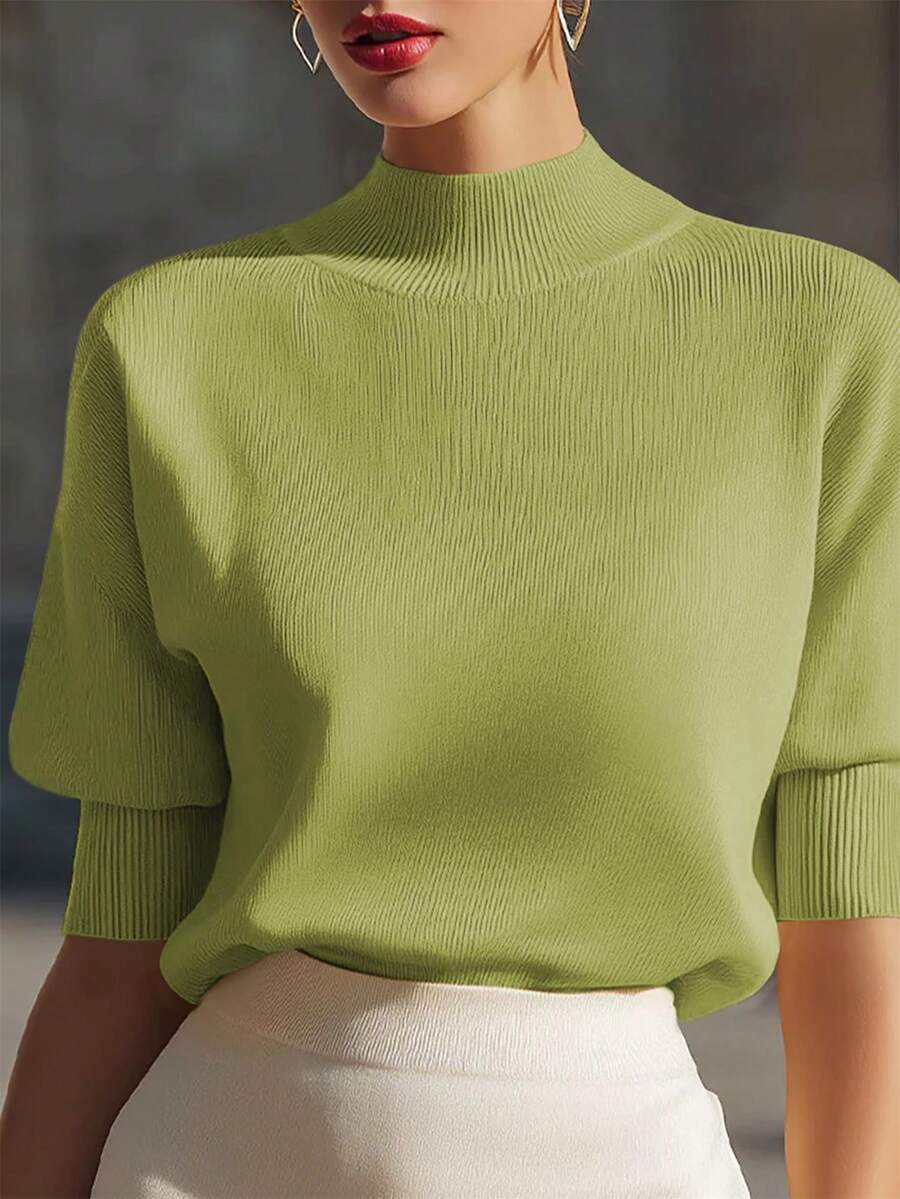 Women's Mock Neck Short Sleeve Knit Top, Fitted Sweater Tee for Work and Layering - White
