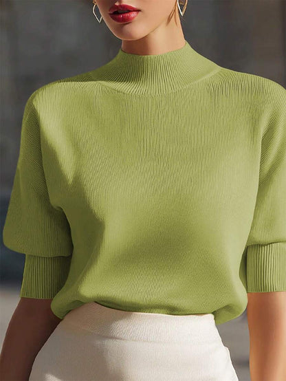 Women's Mock Neck Short Sleeve Knit Top, Fitted Sweater Tee for Work and Layering - White
