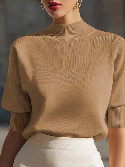 Women's Mock Neck Short Sleeve Knit Top, Fitted Sweater Tee for Work and Layering - White