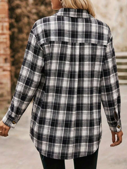 Astrid Plaid Drop Shoulder Shirt Collar Top - Black