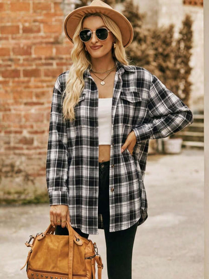 Astrid Plaid Drop Shoulder Shirt Collar Top - Green