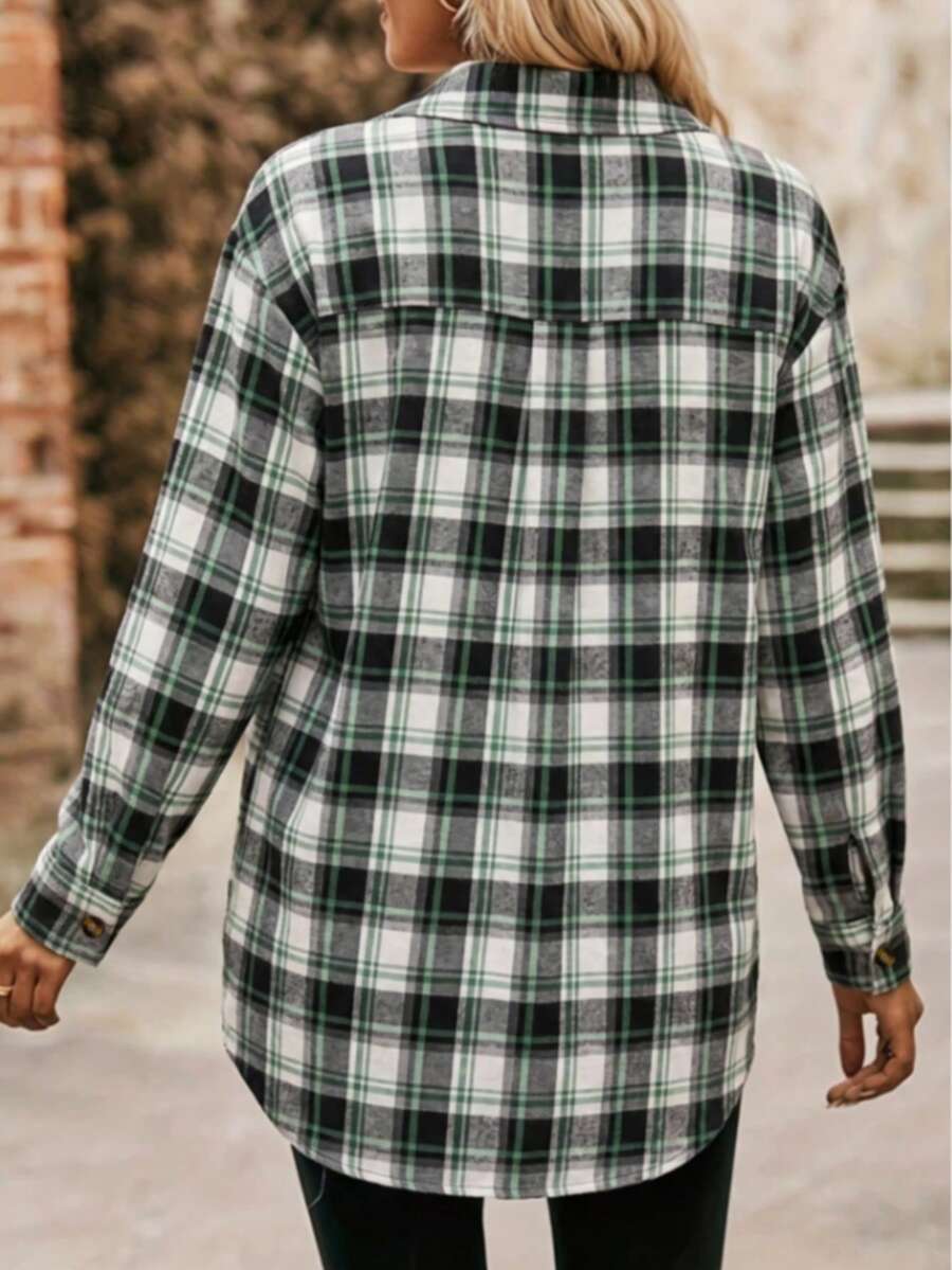 Astrid Plaid Drop Shoulder Shirt Collar Top - Pink Plaid