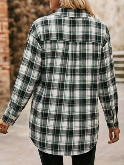 Astrid Plaid Drop Shoulder Shirt Collar Top - Pink Plaid