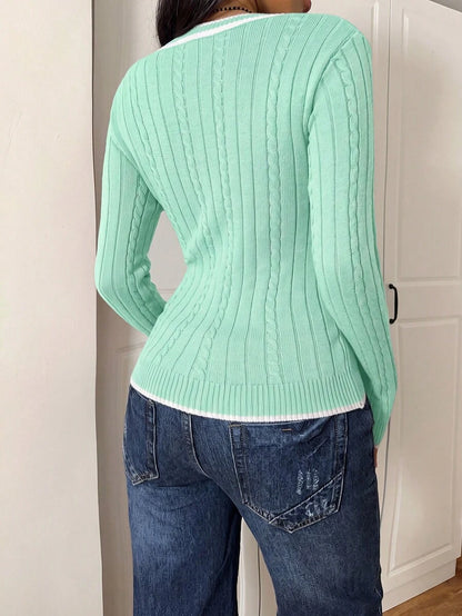 Saskia Slim V Neck Twist Cable Knit Sweater with Contrast Trim - Mint Green